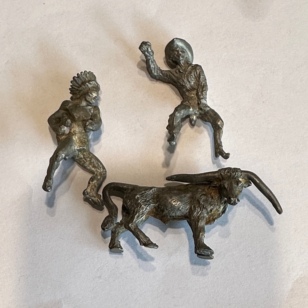 Vintage Spoontiques Pewter Figurines Lot of 3 Cowboy, Native American Bull 1980s
